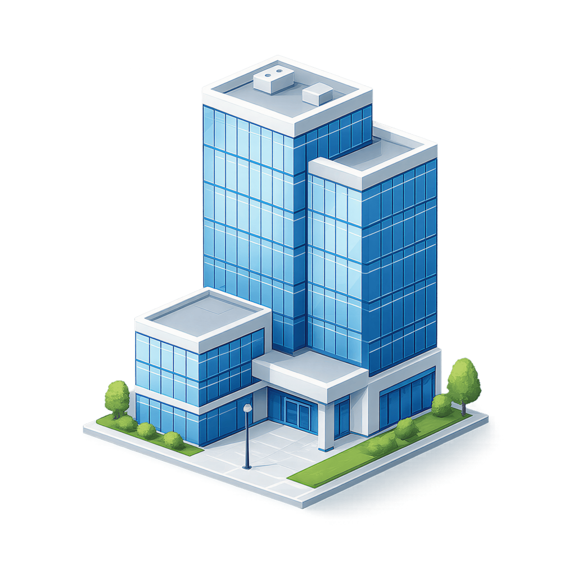 Isometric illustration of a tall blue glass office building with white framing and rooftop equipment on a street corner.