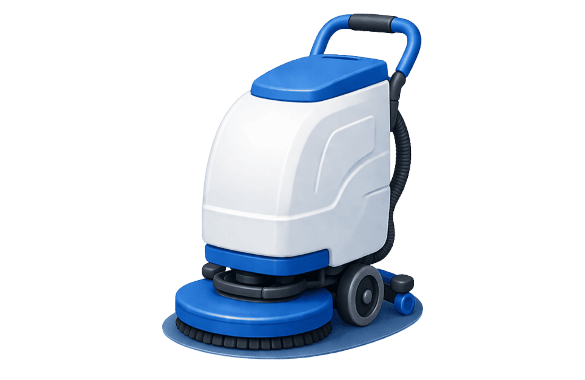 Industrial floor scrubber with blue handle and white body, blue base and circular scrubbing pad on wheels from a side view.