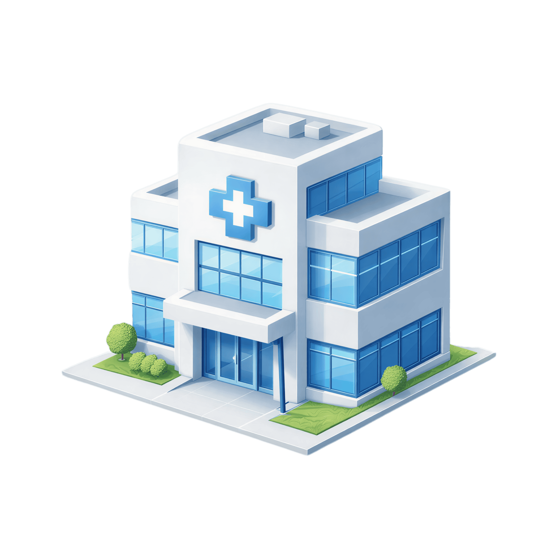 Isometric modern hospital building with blue-tinted windows and a prominent blue medical cross on the facade.