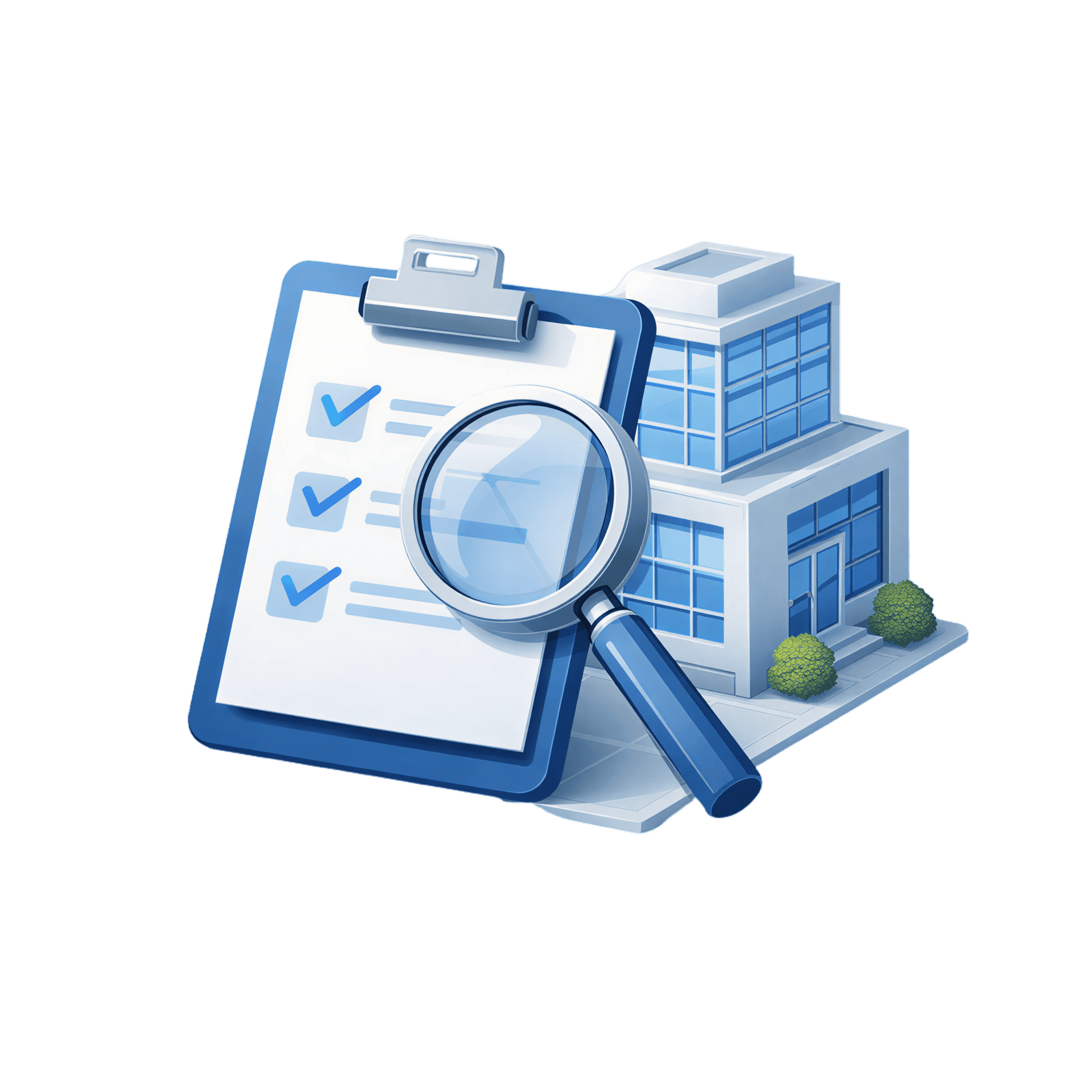 Clipboard with a blue checklist and a magnifying glass beside a modern glass building, illustrating inspection or audit.