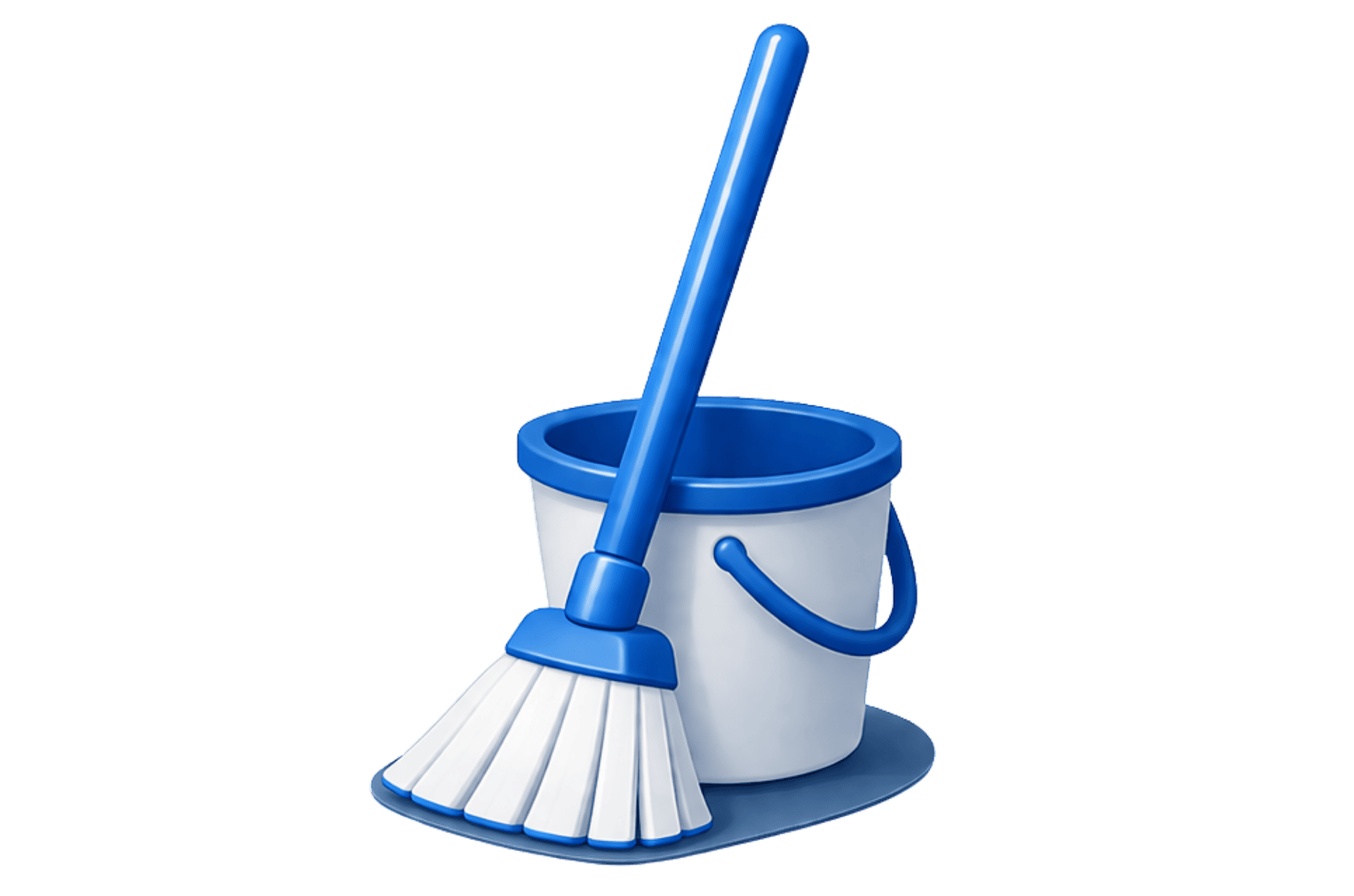 Blue mop bucket with a wringer and a long blue mop leaning diagonally out of the bucket on a black background.