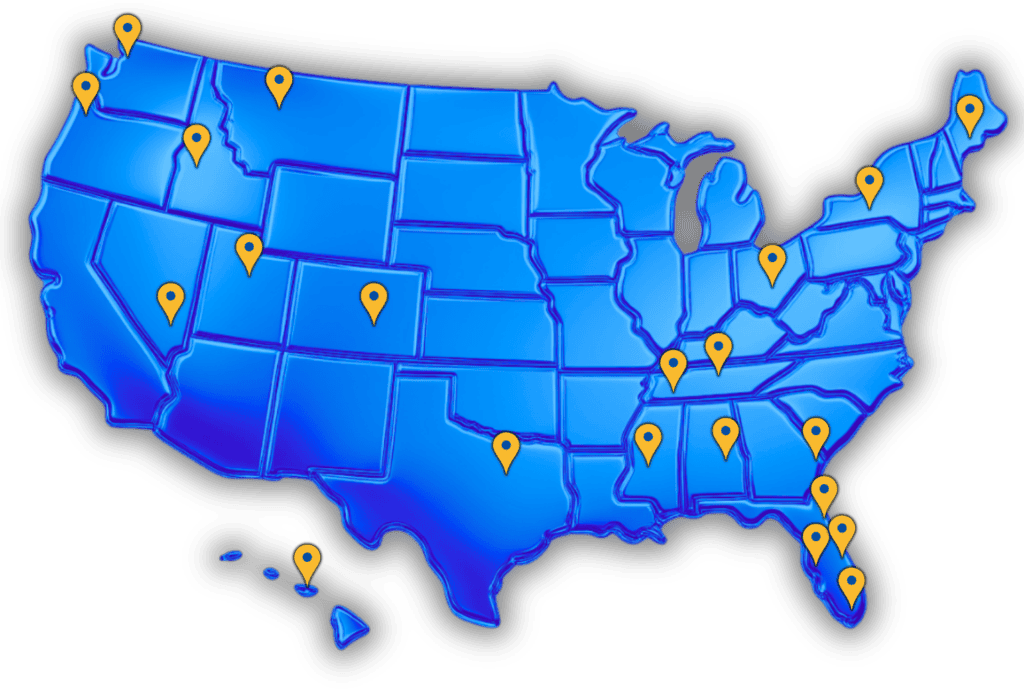 Blue stylized map of the United States with numerous yellow location pins marking spots across the country (including Hawaii).