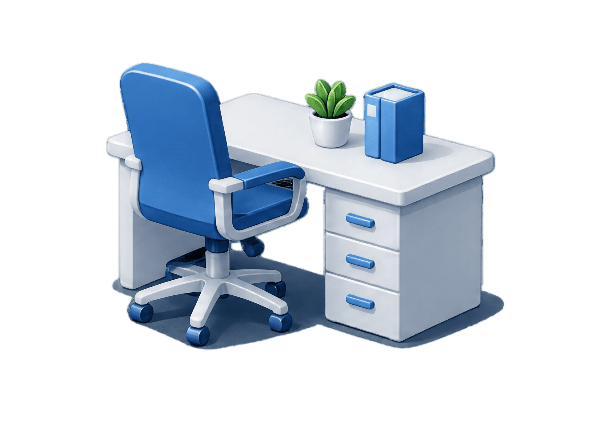Blue desk chair pushed up to a white desk with a small potted plant and a blue file organizer on the right.