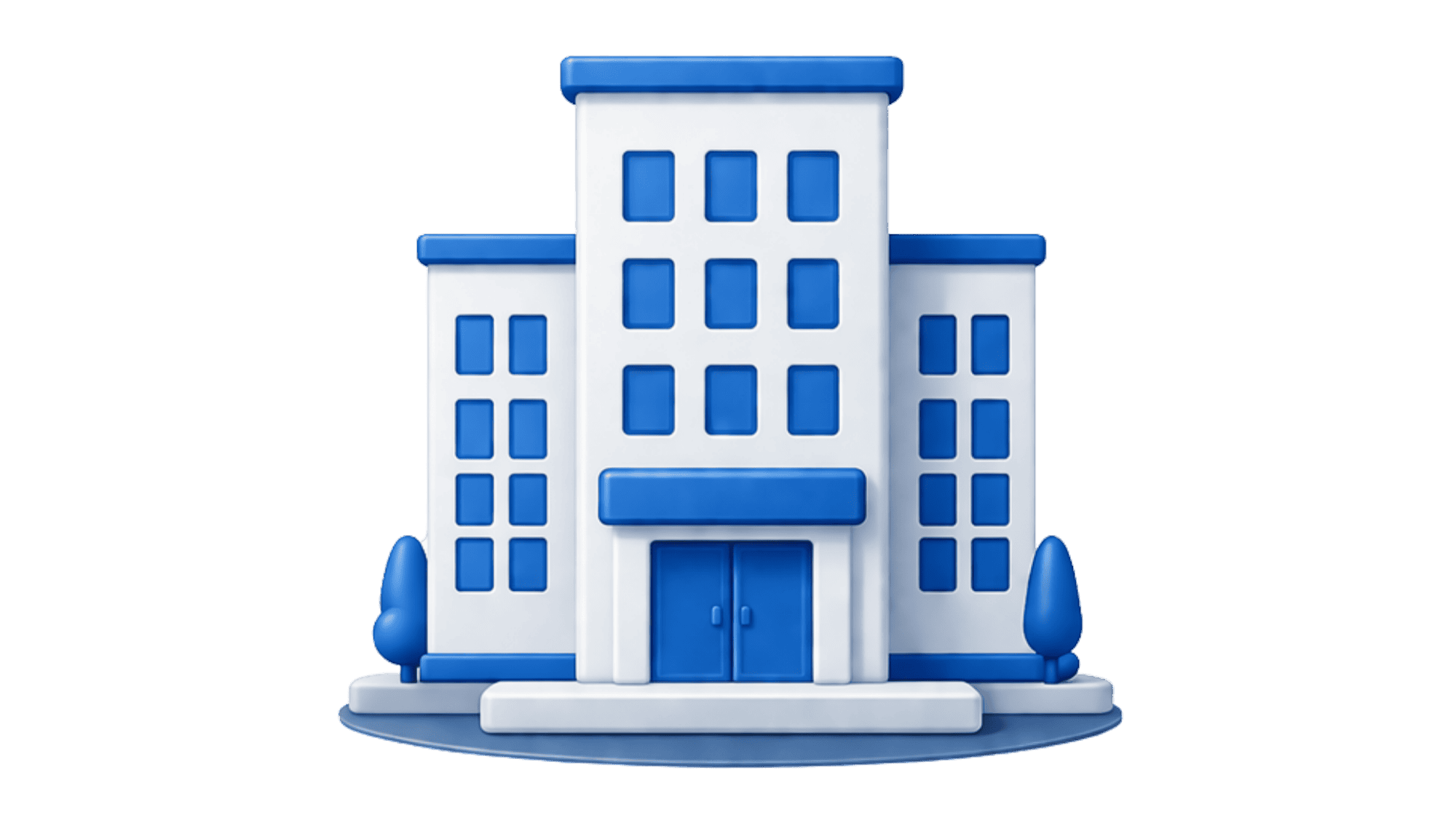 Toy-style white building with blue window frames and doors on a circular base