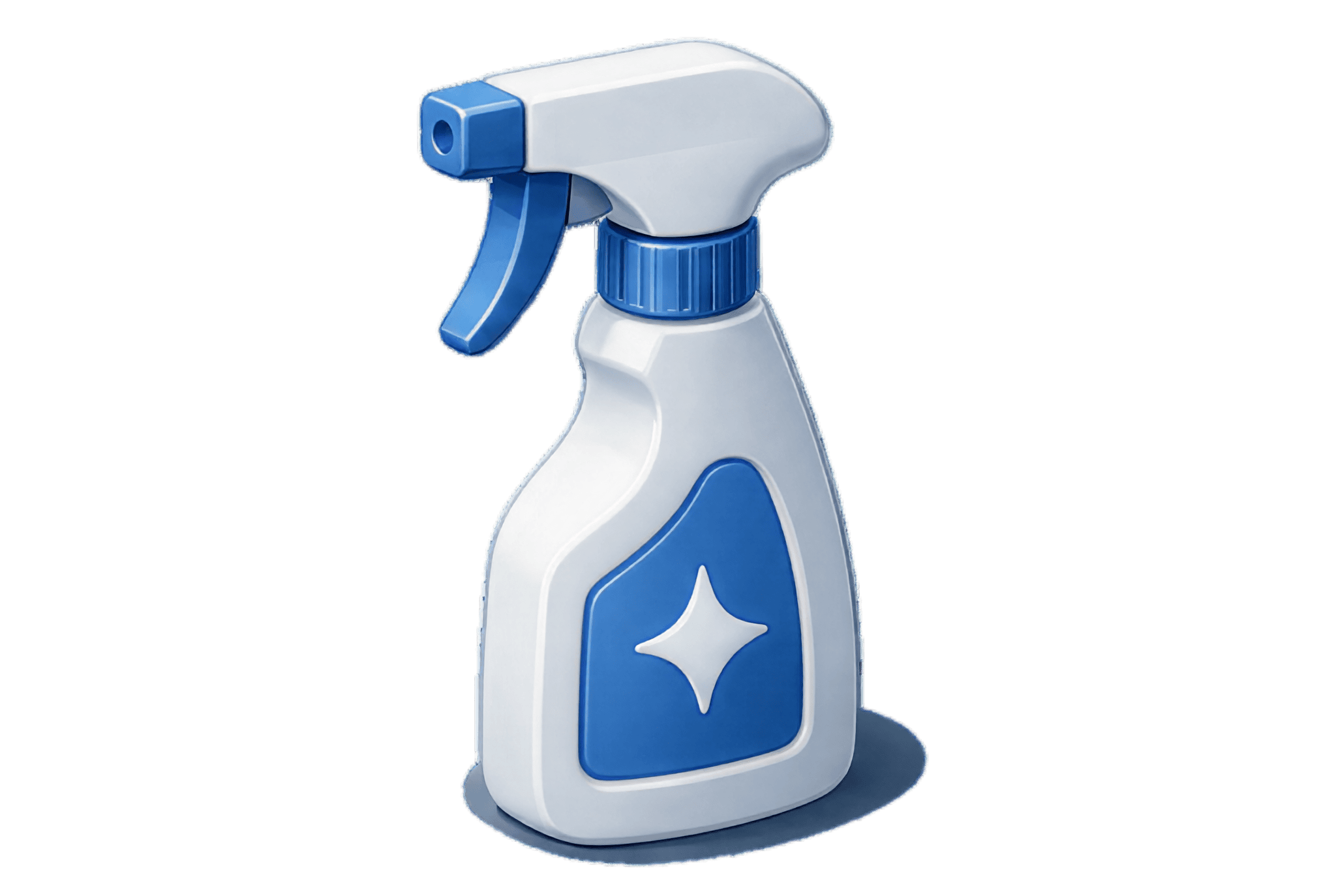 Blue and white spray bottle with a blue trigger handle, viewed from the side.