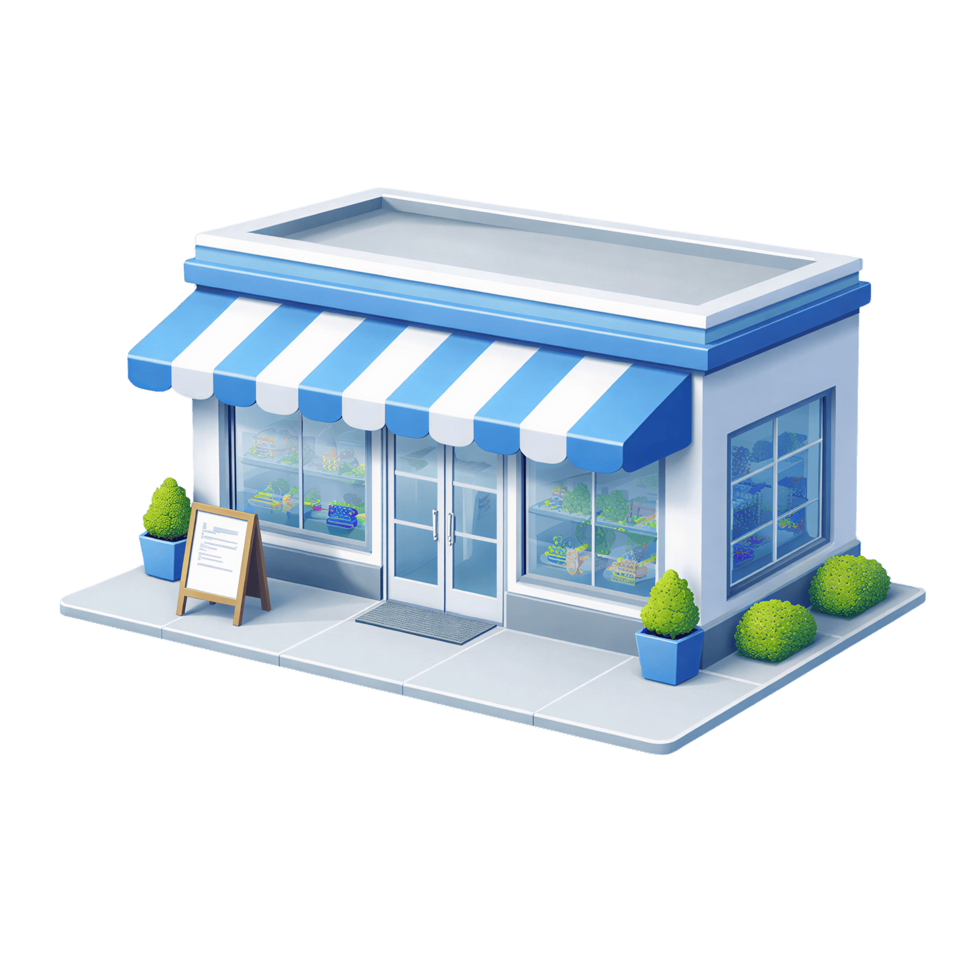 Blue and white striped storefront with glass doors and display windows, and potted plants outside the entrance.