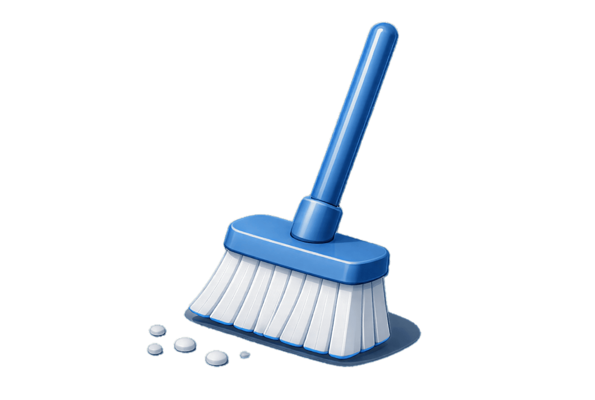 Blue mop with long handle and angled head on a black background, with white pills scattered nearby.