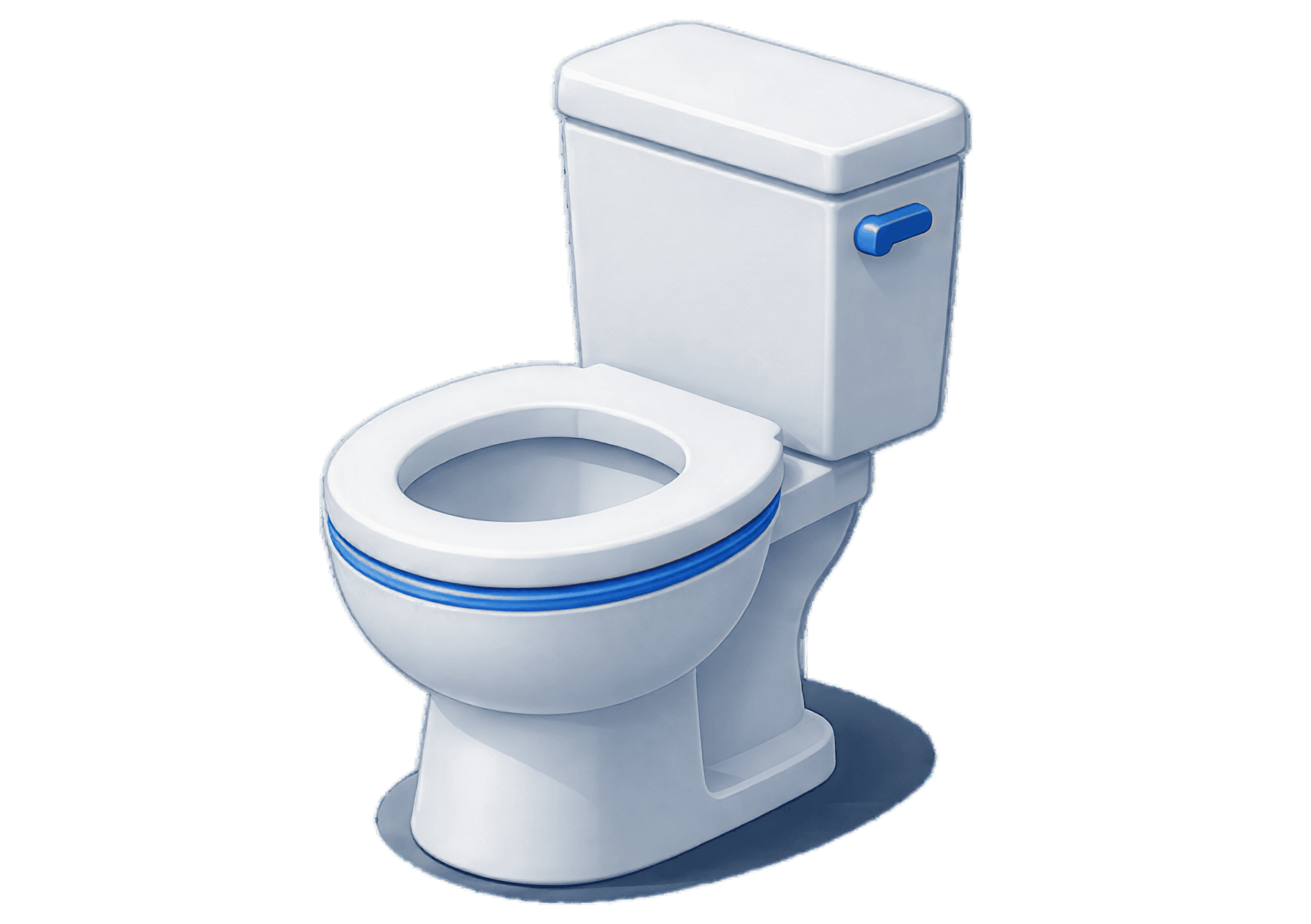 White toilet with a blue side flush lever and blue accents on the rim area.