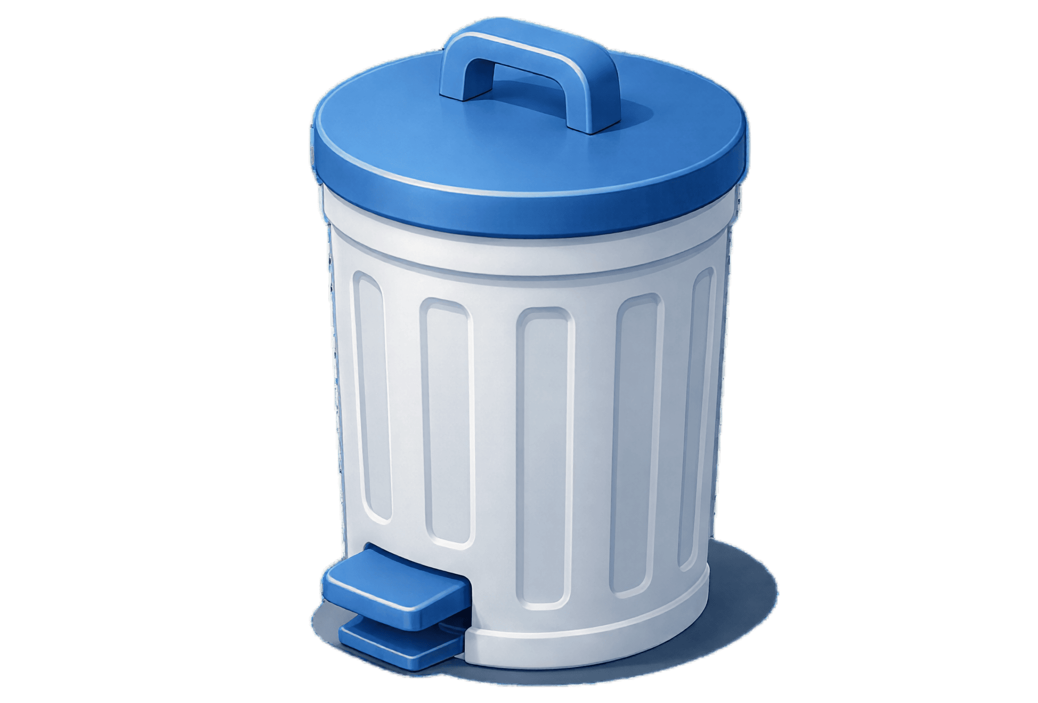 Blue-lidded trash can with a tall white body and vertical panel details on a dark background.
