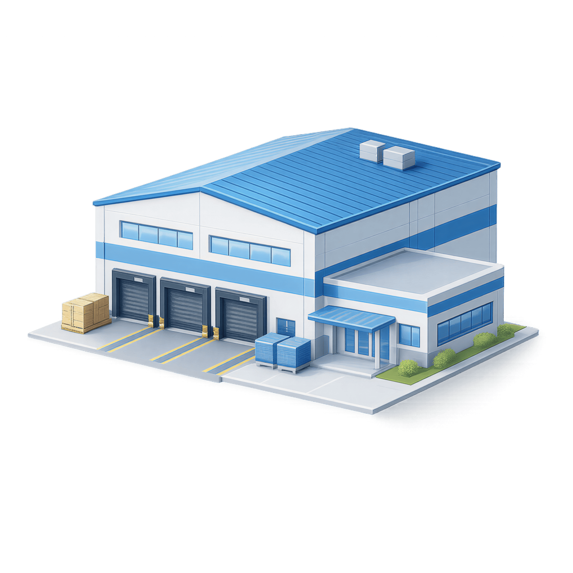 White industrial warehouse with a blue roof, loading bays, and pallets outside near the dock area