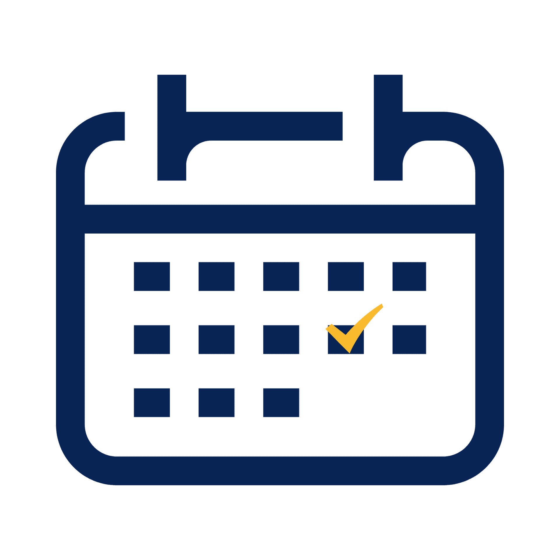 Blue calendar icon with a grid of squares and an orange checkmark indicating a completed event or task.