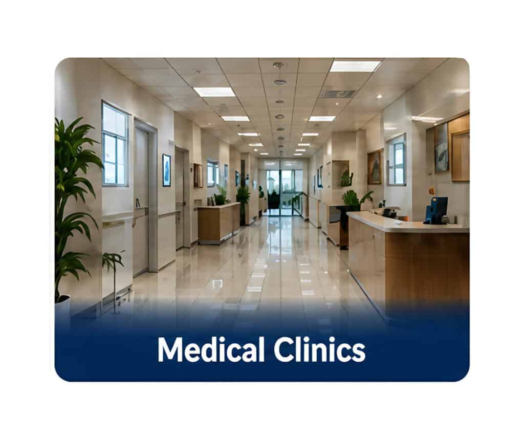 Bright hospital corridor with a curved reception desk on the right, potted plants, and large windows along the walls; blue gradient banner reads 'Medical Clinics' at the bottom.