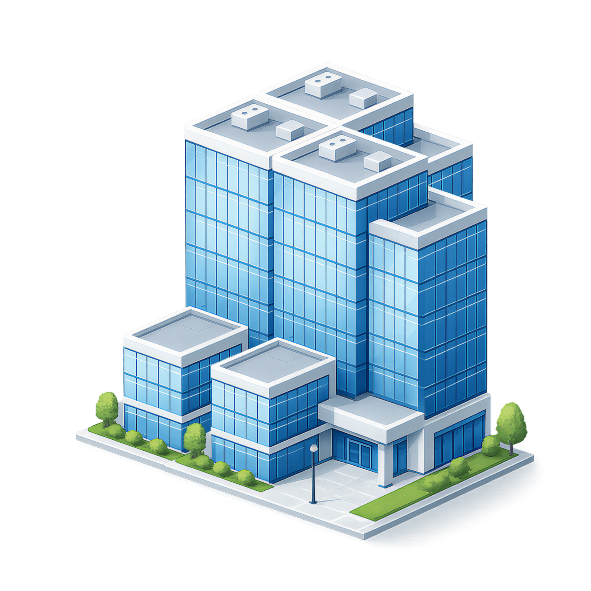 Isometric illustration of a tall modern glass office building complex with blue windows and green landscaping at the base and around it.