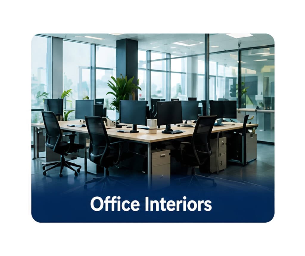 Open-plan office interior with desks, computers, and plants beside glass walls and bright windows