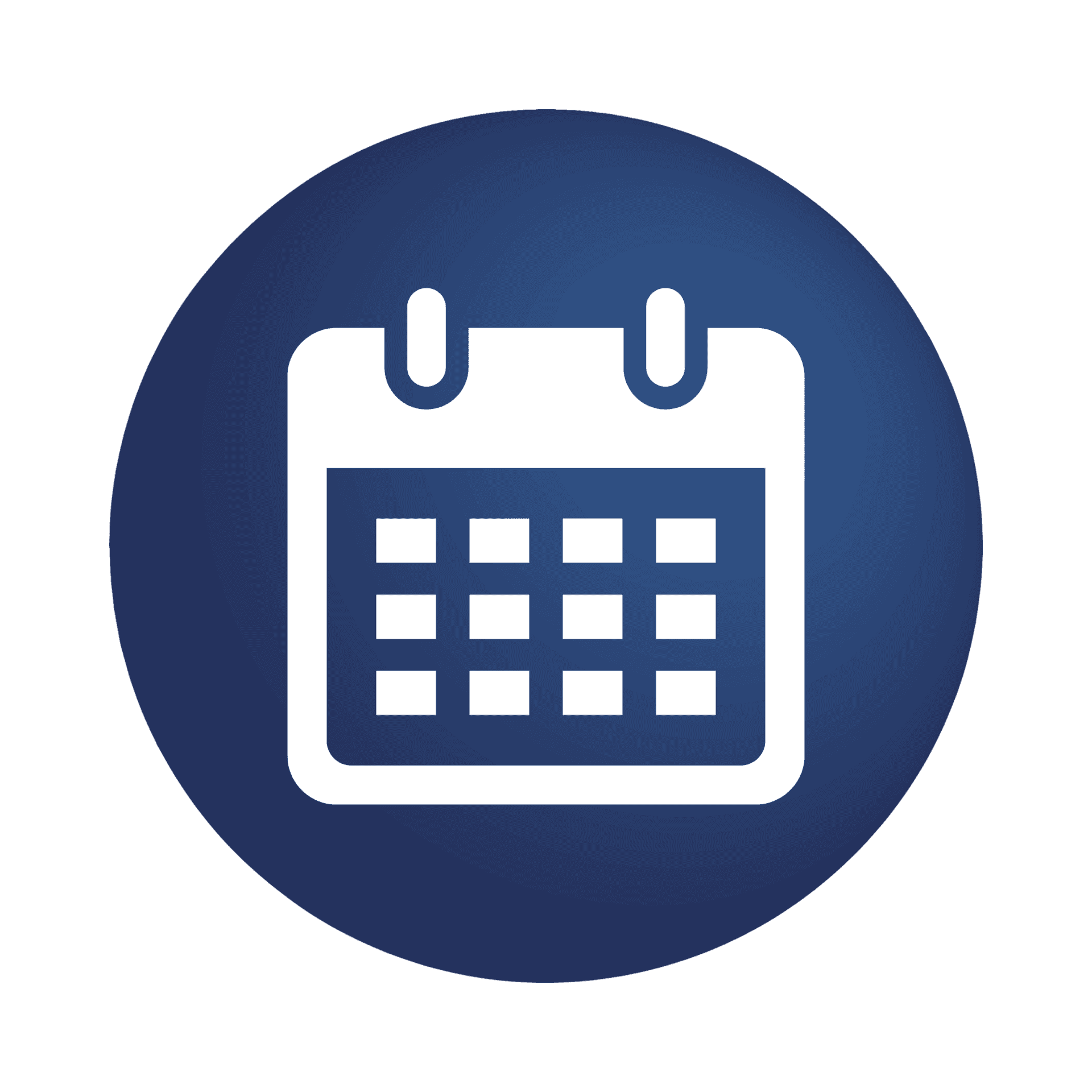 White calendar icon centered on a dark blue circular gradient background, resembling a badge or sticker