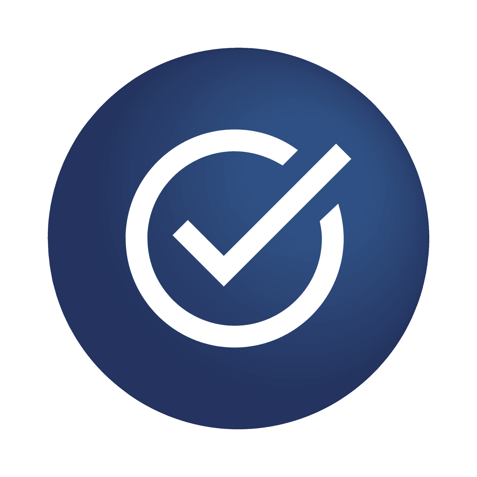 Partial view of a large blue circular badge with a white check mark, cropped at the edges.