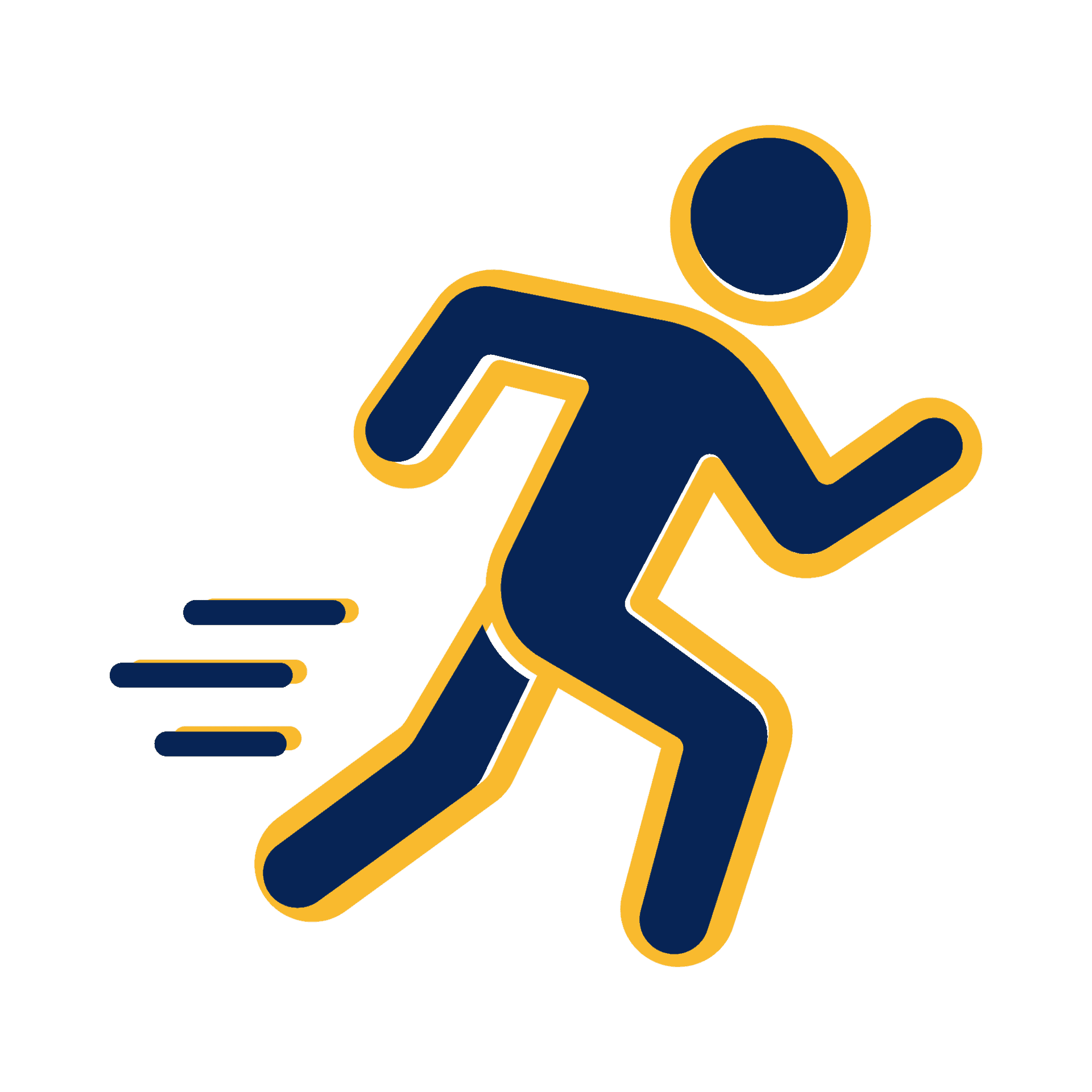 Abstract icon of a person running: blue figure with a yellow outline on a black background, suggesting movement.