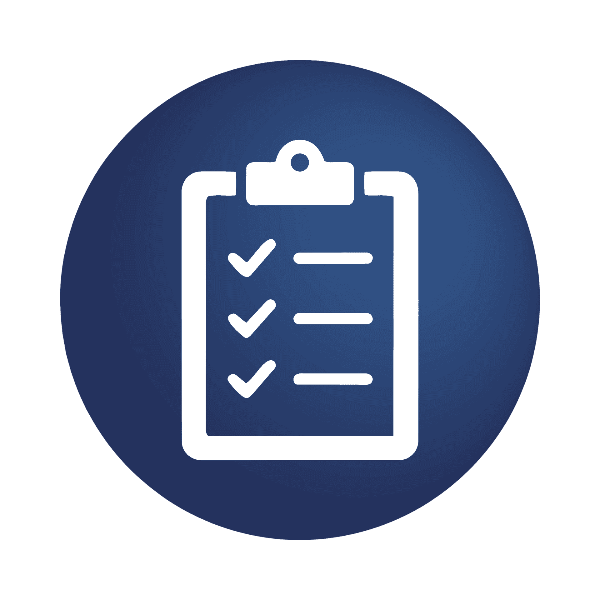 Blue circular badge with a white clipboard showing a checklist logo.