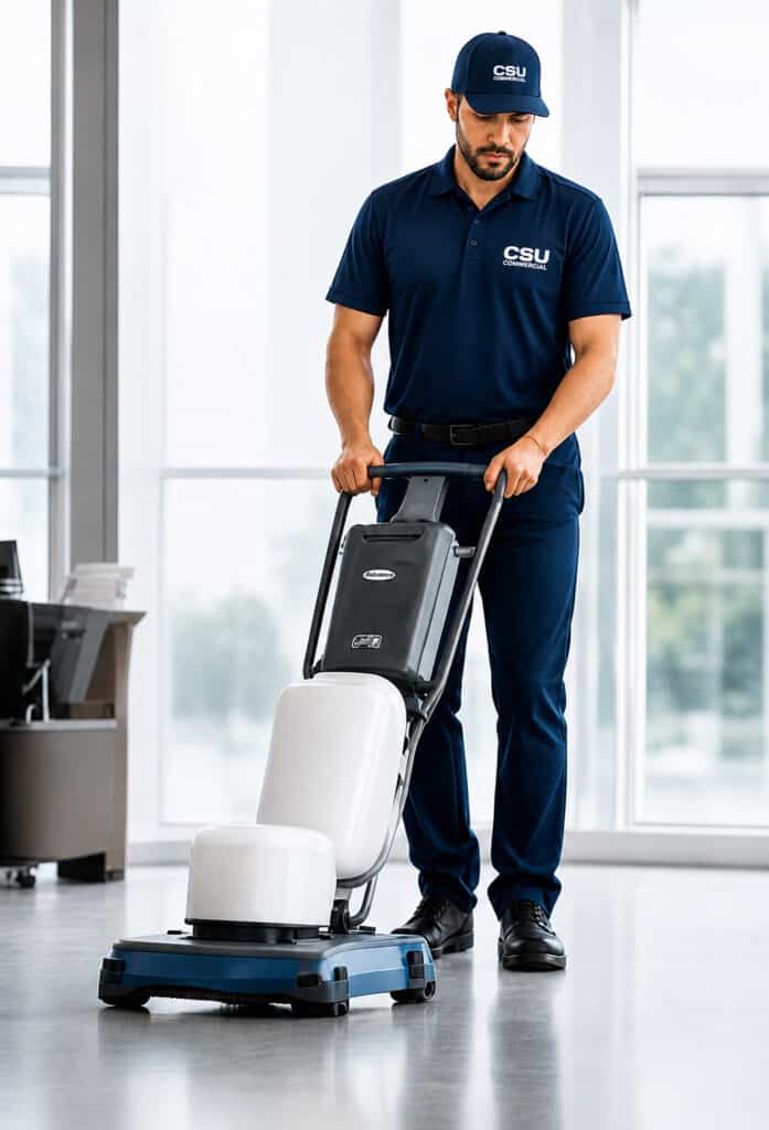 Man in a navy CSU polo and cap operating a floor scrubber in a bright office lobby.