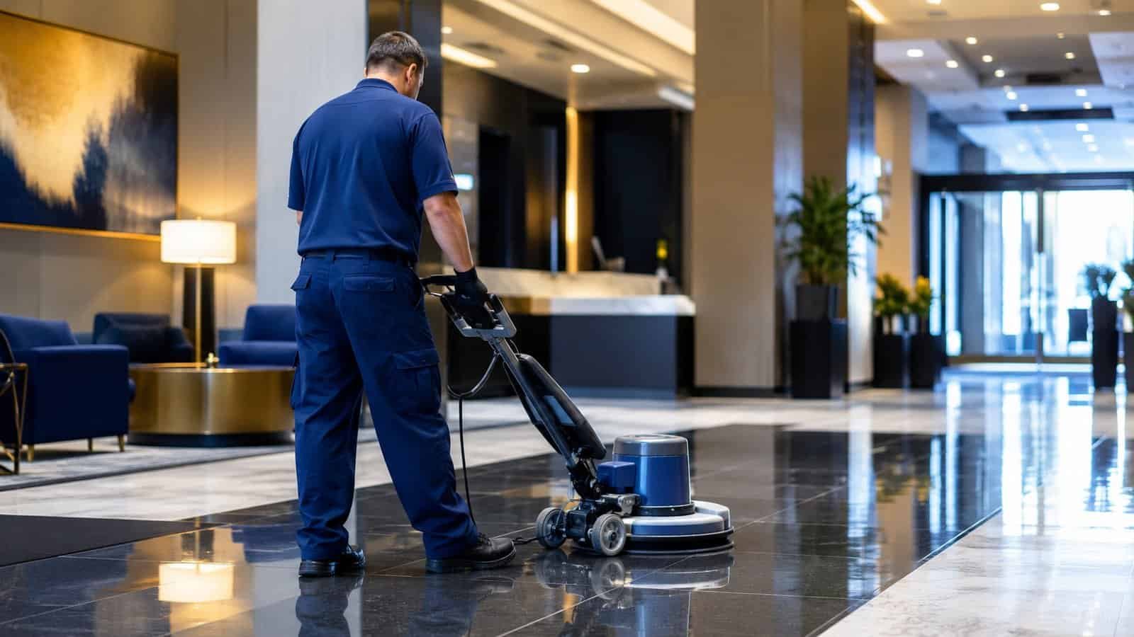 CSU Commercial cleaning technician maintaining a professional commercial facility